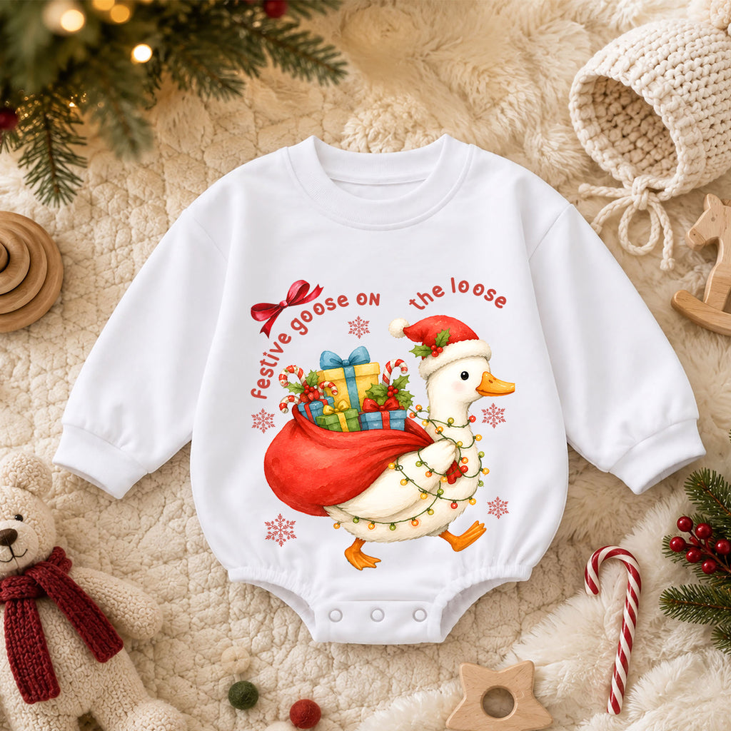 Festive Goose on the Loose Baby Romper, Christmas Goose Toddler 1st Birthday Holiday Outfit, Silly Goose Xmas Romper, Cute Baby Gift — product view 3