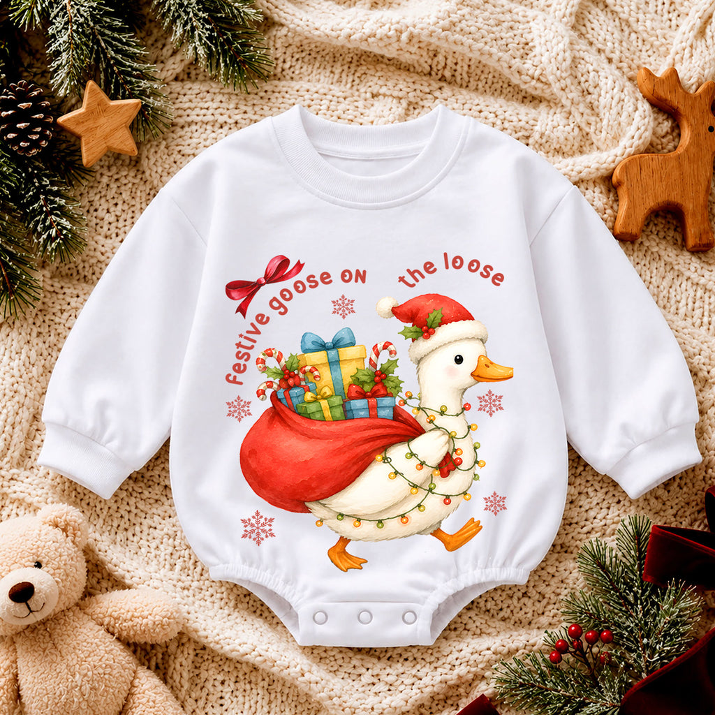 Festive Goose on the Loose Baby Romper, Christmas Goose Toddler 1st Birthday Holiday Outfit, Silly Goose Xmas Romper, Cute Baby Gift — product view 4