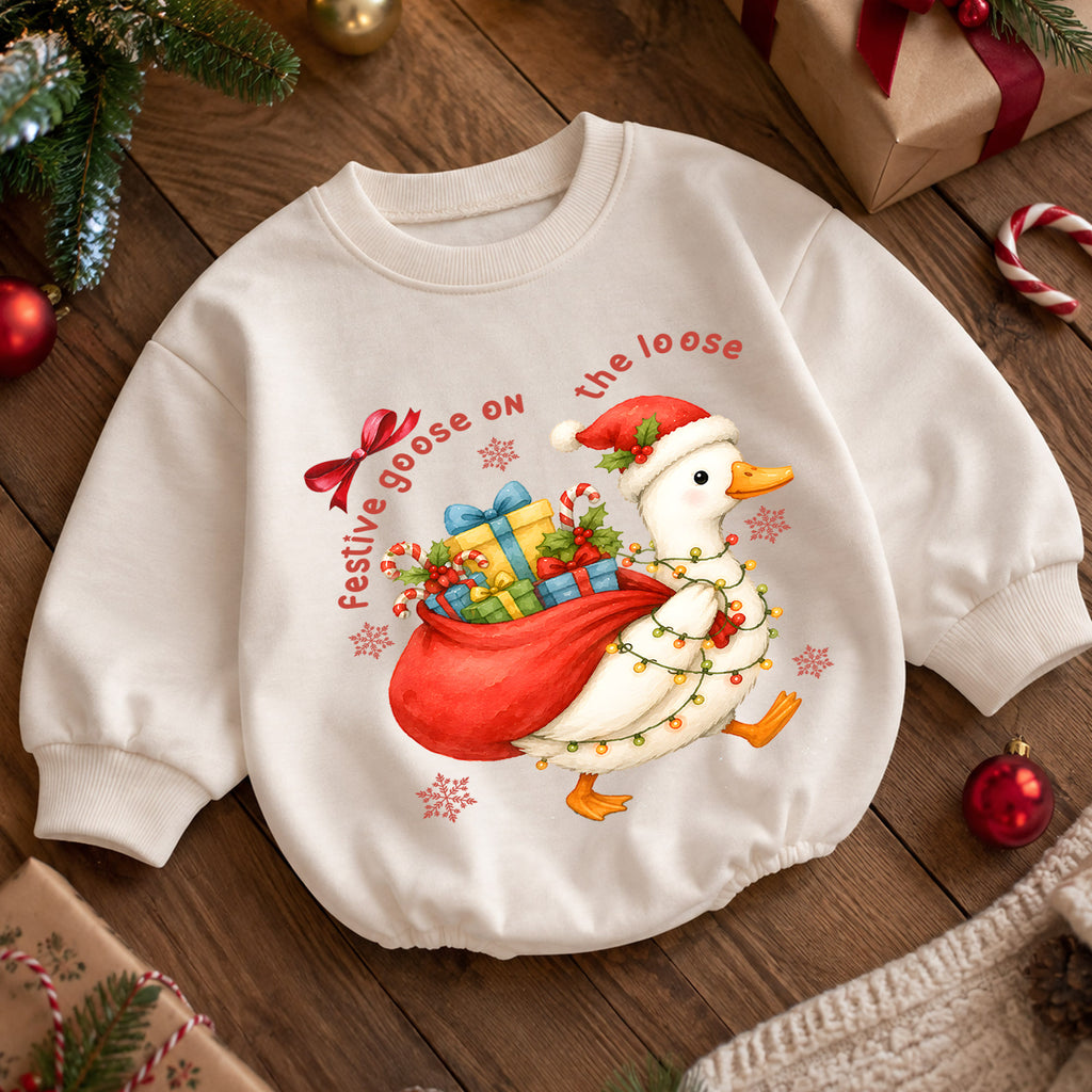Festive Goose on the Loose Baby Romper, Christmas Goose Toddler 1st Birthday Holiday Outfit, Silly Goose Xmas Romper, Cute Baby Gift — product view 5