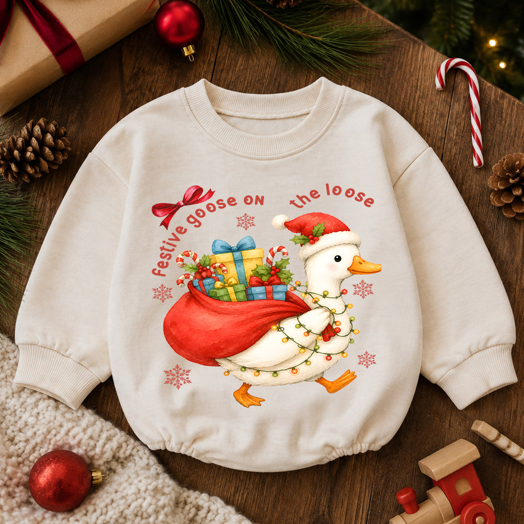 Festive Goose on the Loose Baby Romper, Christmas Goose Toddler 1st Birthday Holiday Outfit, Silly Goose Xmas Romper, Cute Baby Gift — product view 6