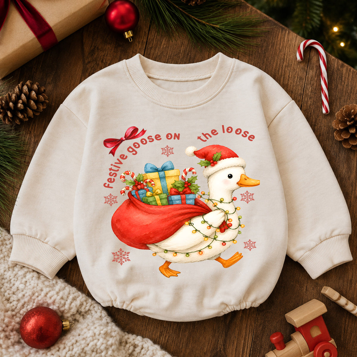 Festive Goose on the Loose Baby Romper, Christmas Goose Toddler 1st Birthday Holiday Outfit, Silly Goose Xmas Romper, Cute Baby Gift — product view 6