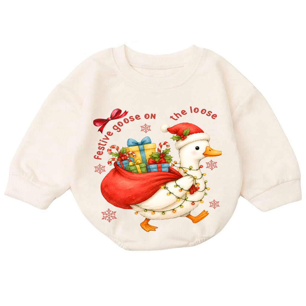 Festive Goose on the Loose Baby Romper, Christmas Goose Toddler 1st Birthday Holiday Outfit, Silly Goose Xmas Romper, Cute Baby Gift — product view 7