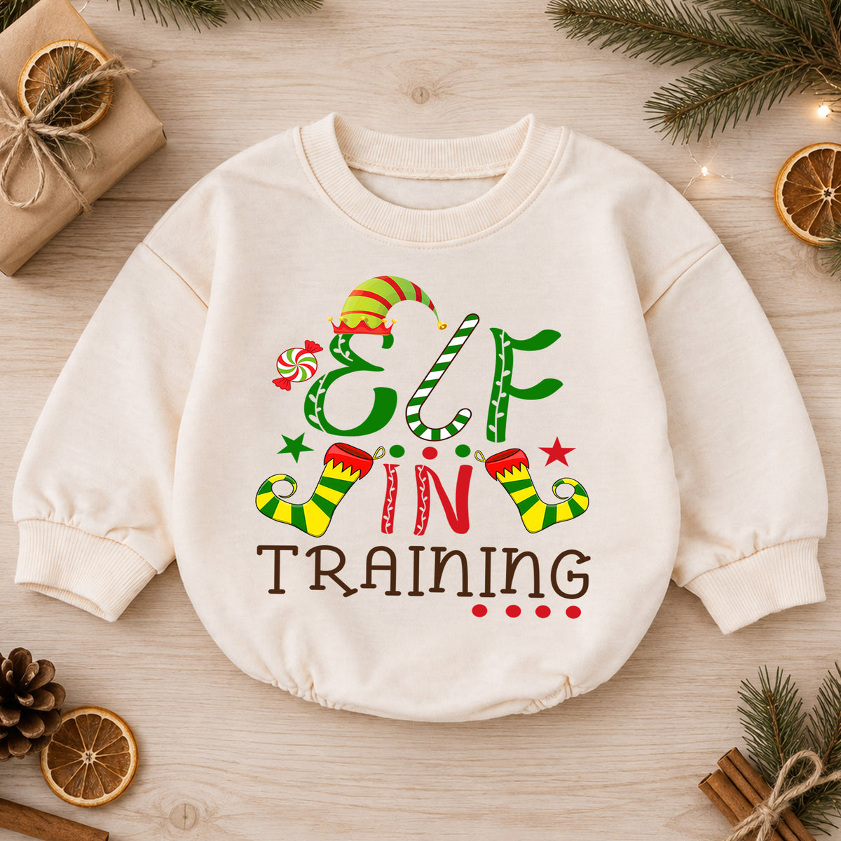Elf in Training Baby Romper, Christmas Elf Toddler 1st Birthday Holiday Outfit, Santa Helper Xmas Romper, Cute Christmas Gift for Baby — product view 1