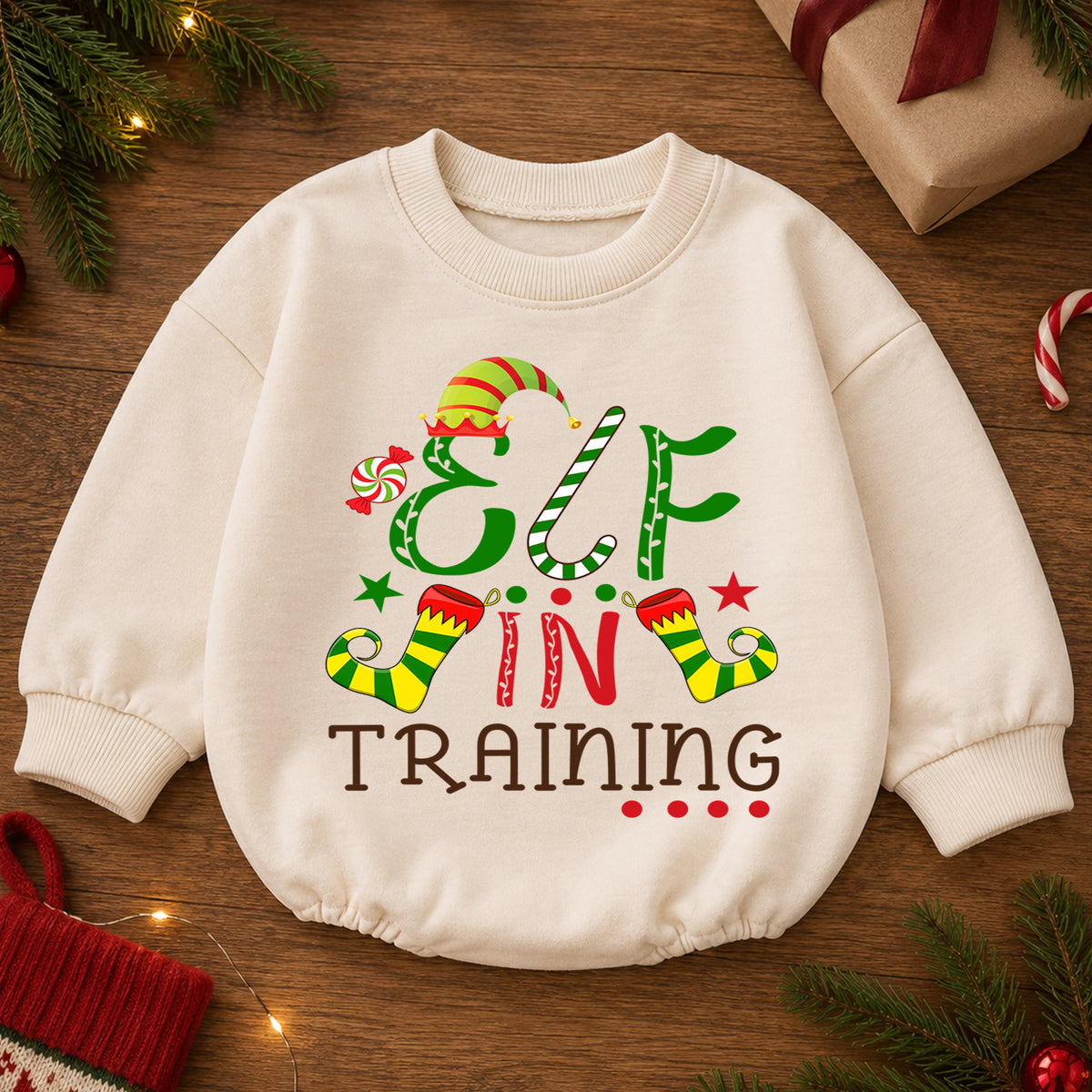 Elf in Training Baby Romper, Christmas Elf Toddler 1st Birthday Holiday Outfit, Santa Helper Xmas Romper, Cute Christmas Gift for Baby — product view 2