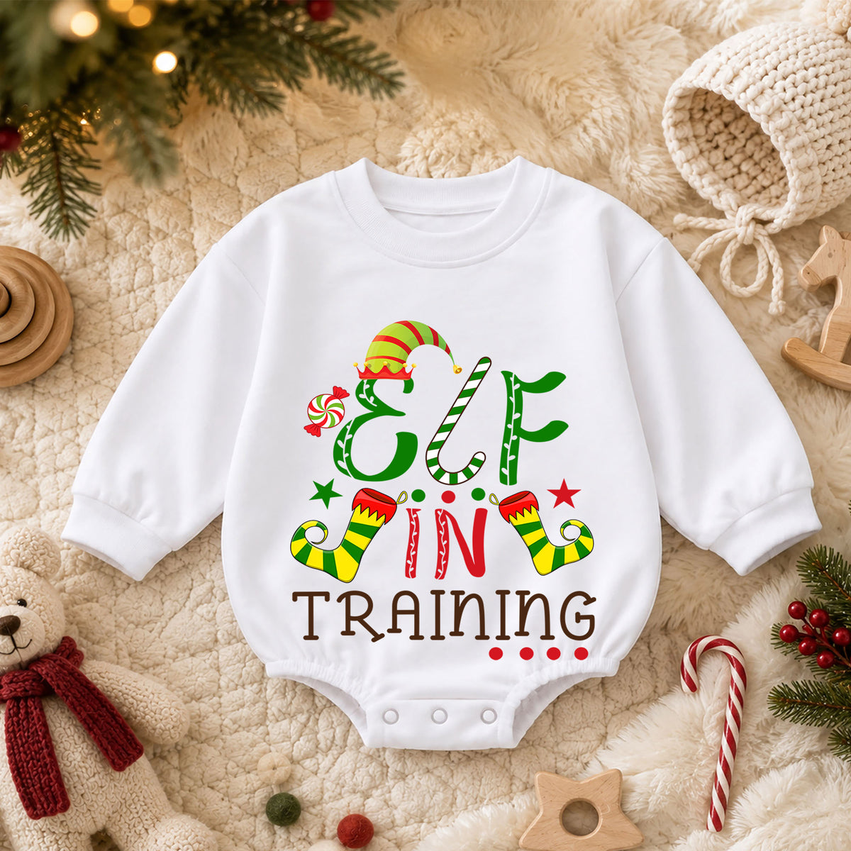 Elf in Training Baby Romper, Christmas Elf Toddler 1st Birthday Holiday Outfit, Santa Helper Xmas Romper, Cute Christmas Gift for Baby — product view 3