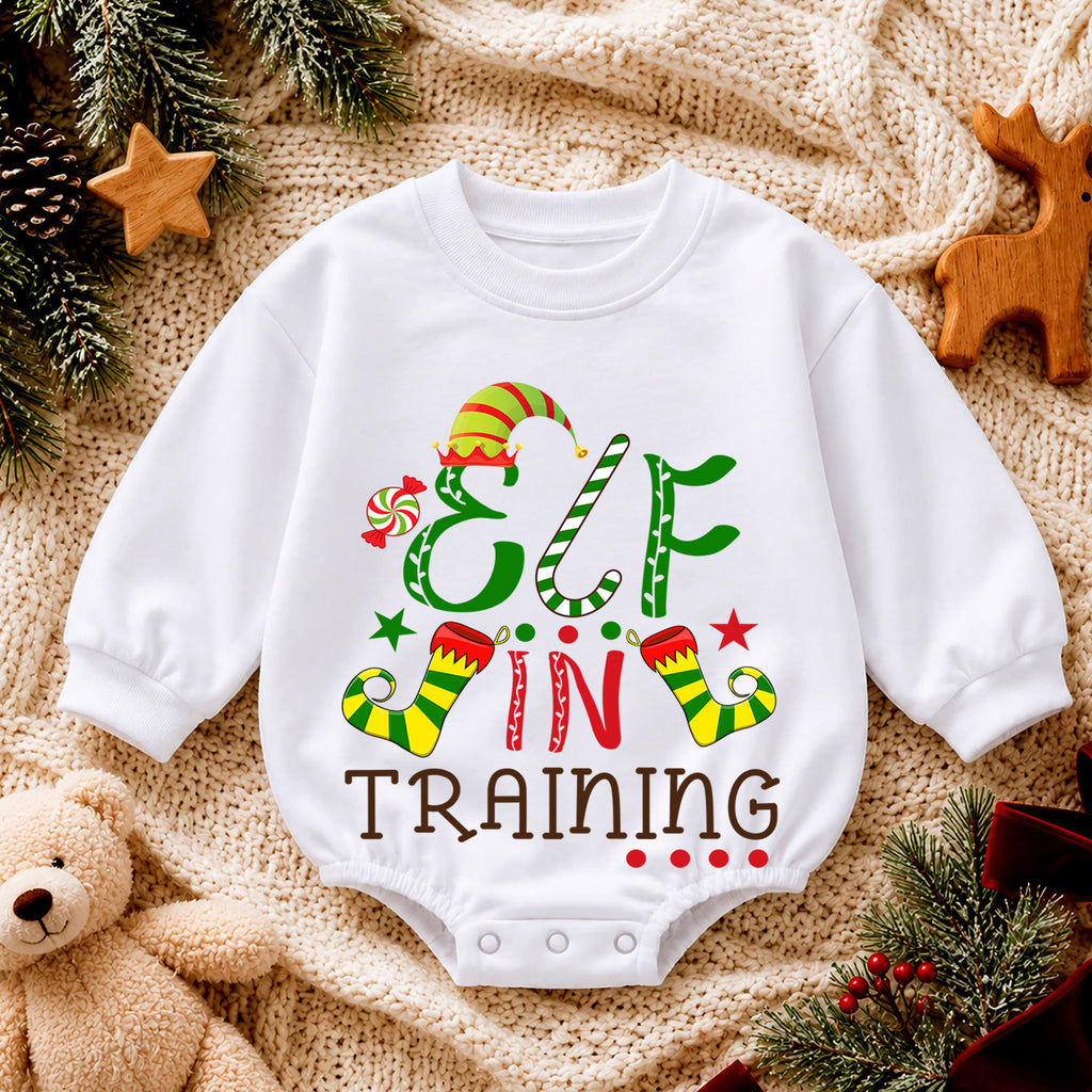 Elf in Training Baby Romper, Christmas Elf Toddler 1st Birthday Holiday Outfit, Santa Helper Xmas Romper, Cute Christmas Gift for Baby — product view 4