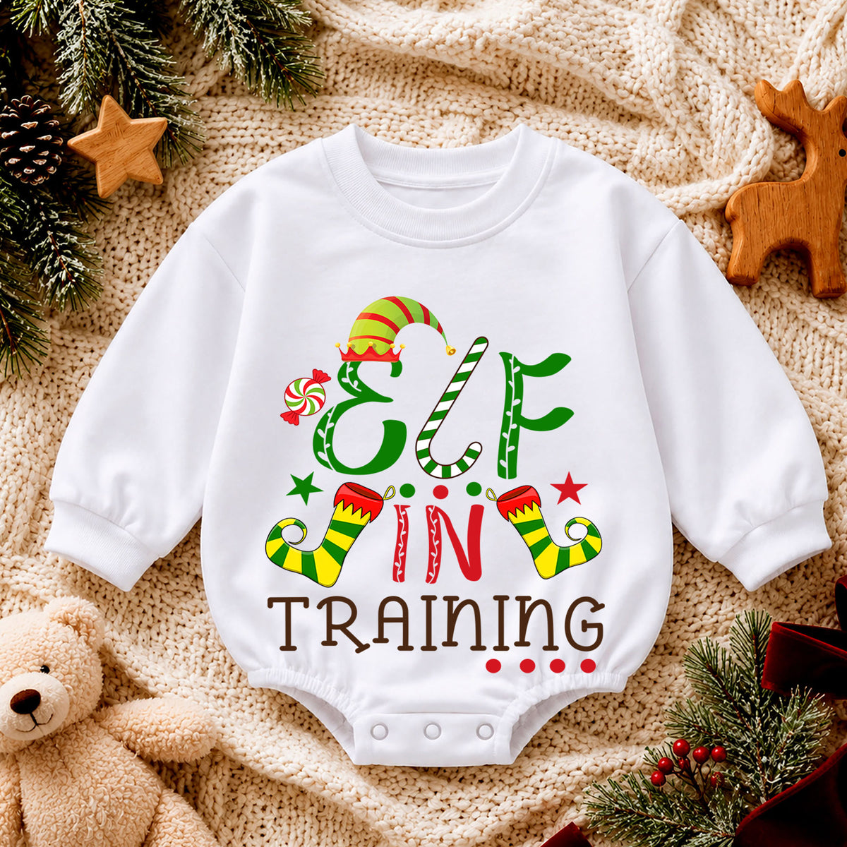 Elf in Training Baby Romper, Christmas Elf Toddler 1st Birthday Holiday Outfit, Santa Helper Xmas Romper, Cute Christmas Gift for Baby — product view 4