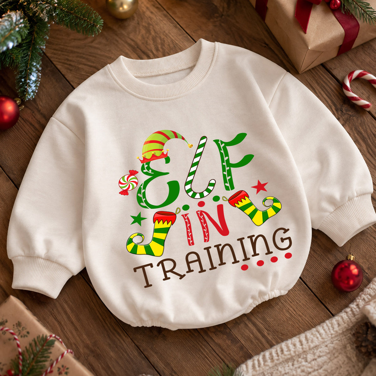 Elf in Training Baby Romper, Christmas Elf Toddler 1st Birthday Holiday Outfit, Santa Helper Xmas Romper, Cute Christmas Gift for Baby — product view 5