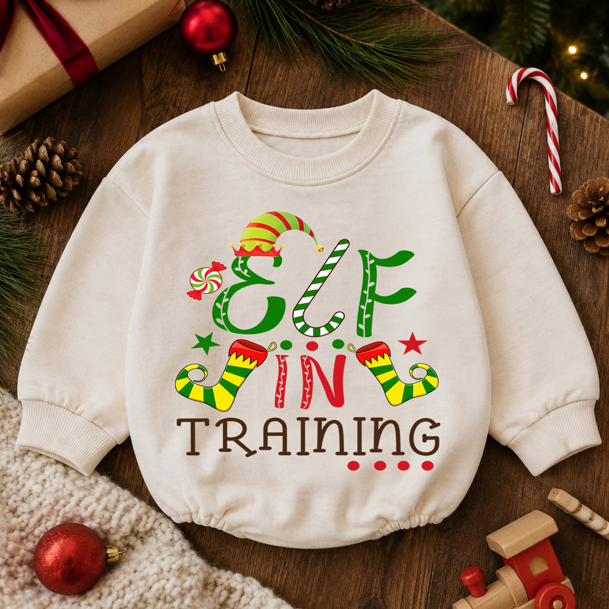 Elf in Training Baby Romper, Christmas Elf Toddler 1st Birthday Holiday Outfit, Santa Helper Xmas Romper, Cute Christmas Gift for Baby — product view 6