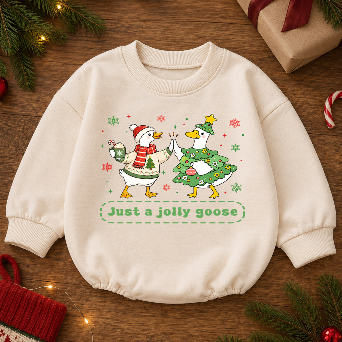 Just a Jolly Goose Christmas Baby Romper, Christmas Goose Holiday Outfit, Toddler Xmas Romper, Cute 1st Christmas Gift for Baby — product view 2