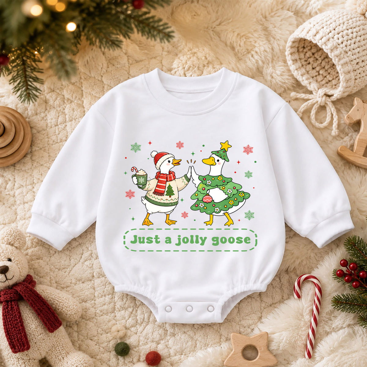 Just a Jolly Goose Christmas Baby Romper, Christmas Goose Holiday Outfit, Toddler Xmas Romper, Cute 1st Christmas Gift for Baby — product view 3