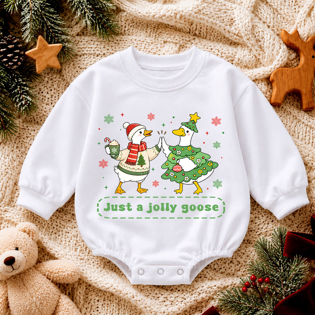 Just a Jolly Goose Christmas Baby Romper, Christmas Goose Holiday Outfit, Toddler Xmas Romper, Cute 1st Christmas Gift for Baby — product view 4