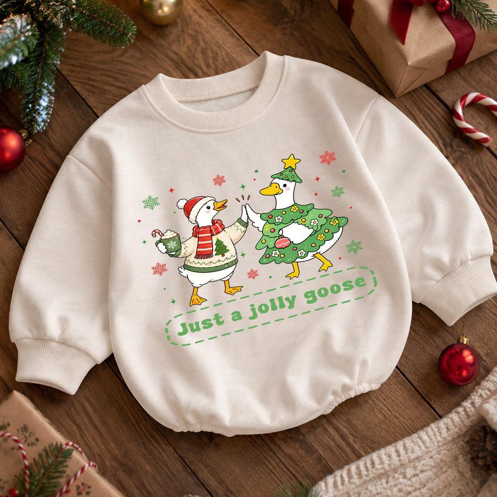 Just a Jolly Goose Christmas Baby Romper, Christmas Goose Holiday Outfit, Toddler Xmas Romper, Cute 1st Christmas Gift for Baby — product view 5