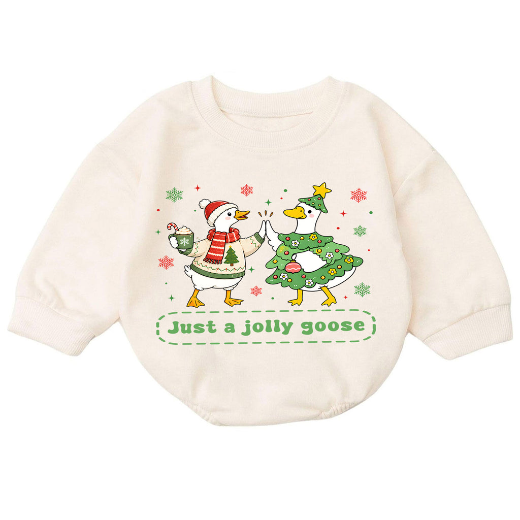 Just a Jolly Goose Christmas Baby Romper, Christmas Goose Holiday Outfit, Toddler Xmas Romper, Cute 1st Christmas Gift for Baby — product view 7
