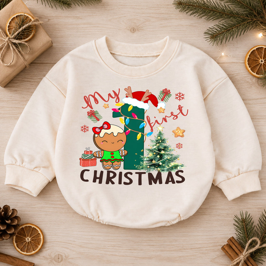 Baby First Christmas Romper, Gingerbread Number One Holiday Outfit, Cute Christmas Romper, Toddler 1st Christmas Gift Set — product view 1