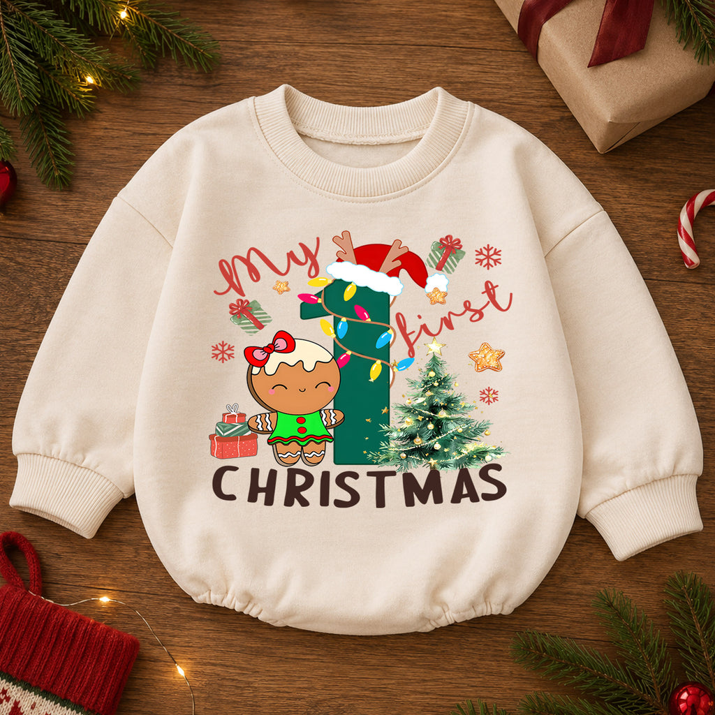 Baby First Christmas Romper, Gingerbread Number One Holiday Outfit, Cute Christmas Romper, Toddler 1st Christmas Gift Set — product view 2