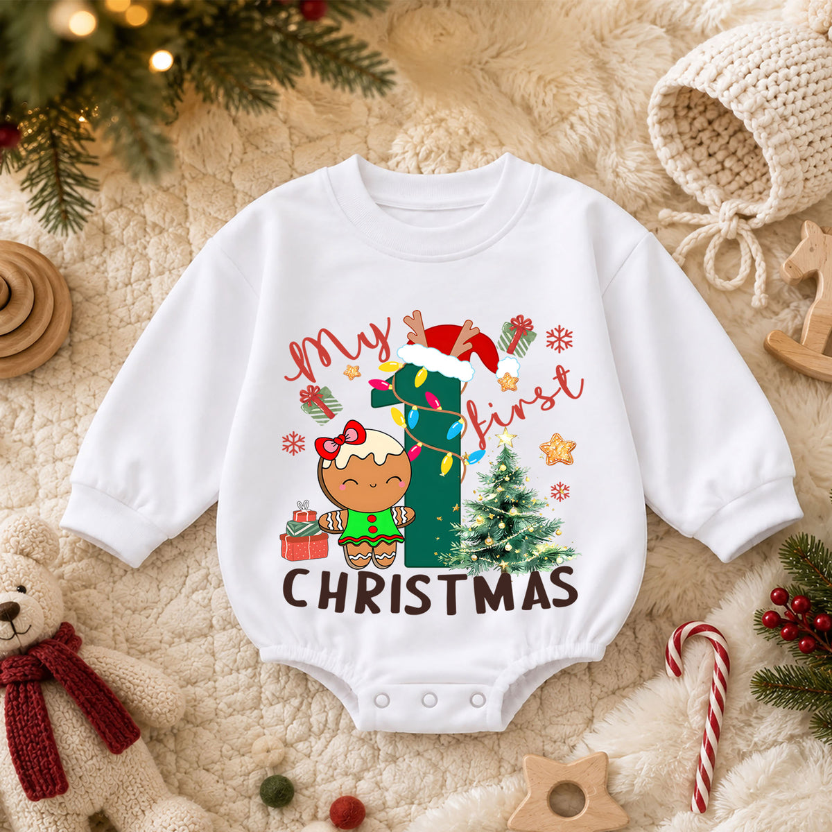 Baby First Christmas Romper, Gingerbread Number One Holiday Outfit, Cute Christmas Romper, Toddler 1st Christmas Gift Set — product view 3