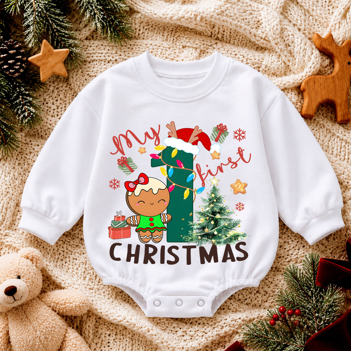 Baby First Christmas Romper, Gingerbread Number One Holiday Outfit, Cute Christmas Romper, Toddler 1st Christmas Gift Set — product view 4