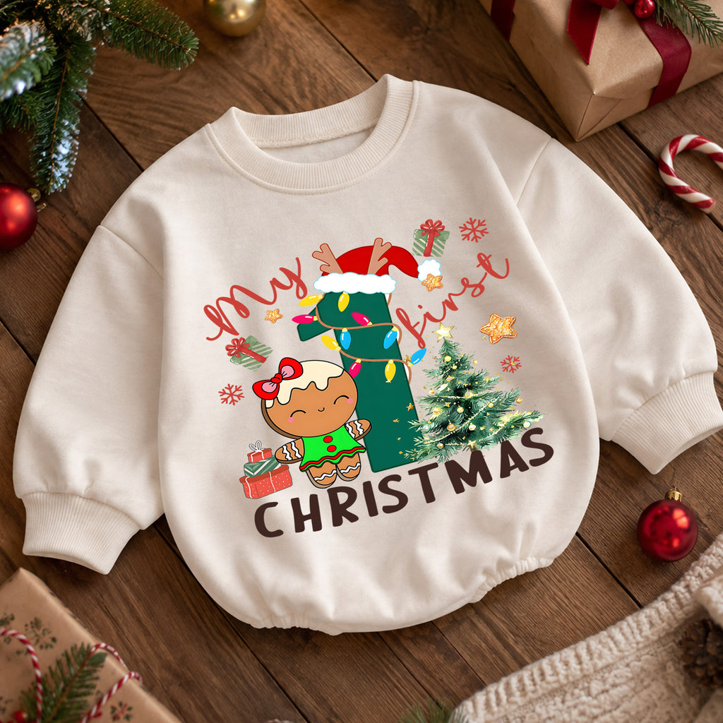 Baby First Christmas Romper, Gingerbread Number One Holiday Outfit, Cute Christmas Romper, Toddler 1st Christmas Gift Set — product view 5