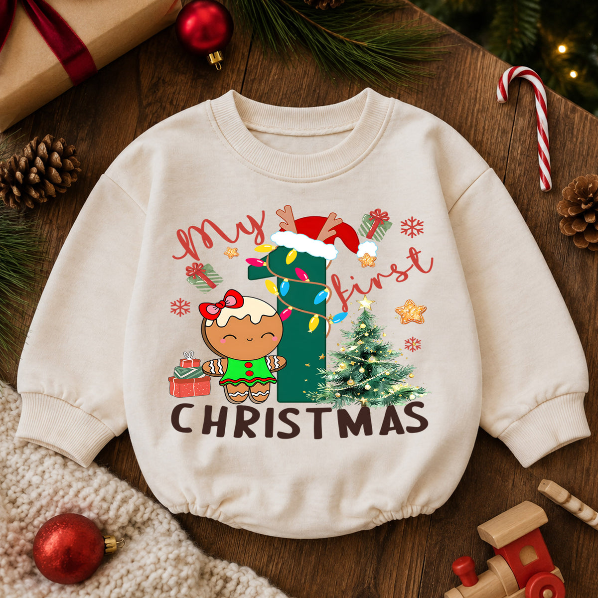 Baby First Christmas Romper, Gingerbread Number One Holiday Outfit, Cute Christmas Romper, Toddler 1st Christmas Gift Set — product view 6