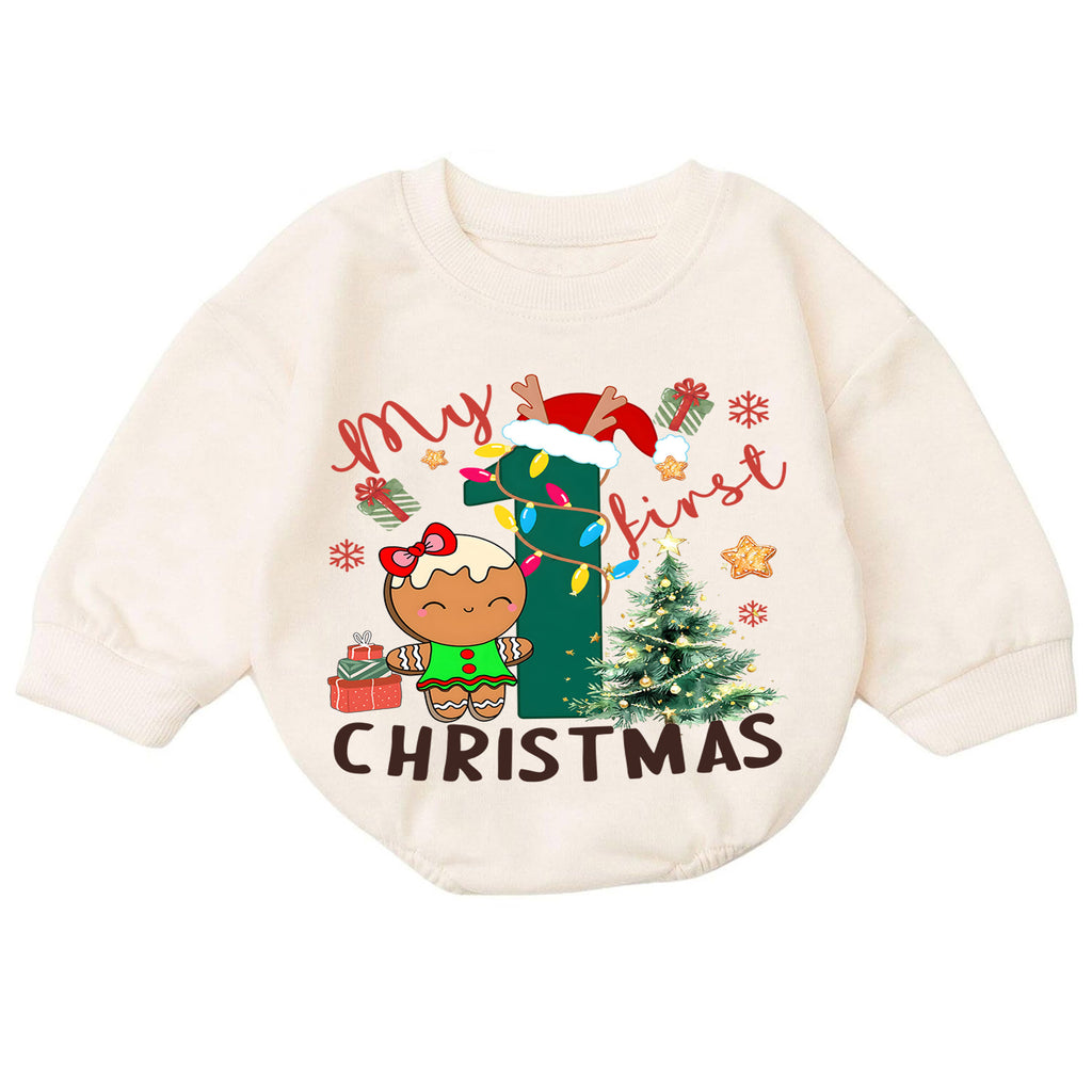 Baby First Christmas Romper, Gingerbread Number One Holiday Outfit, Cute Christmas Romper, Toddler 1st Christmas Gift Set — product view 7