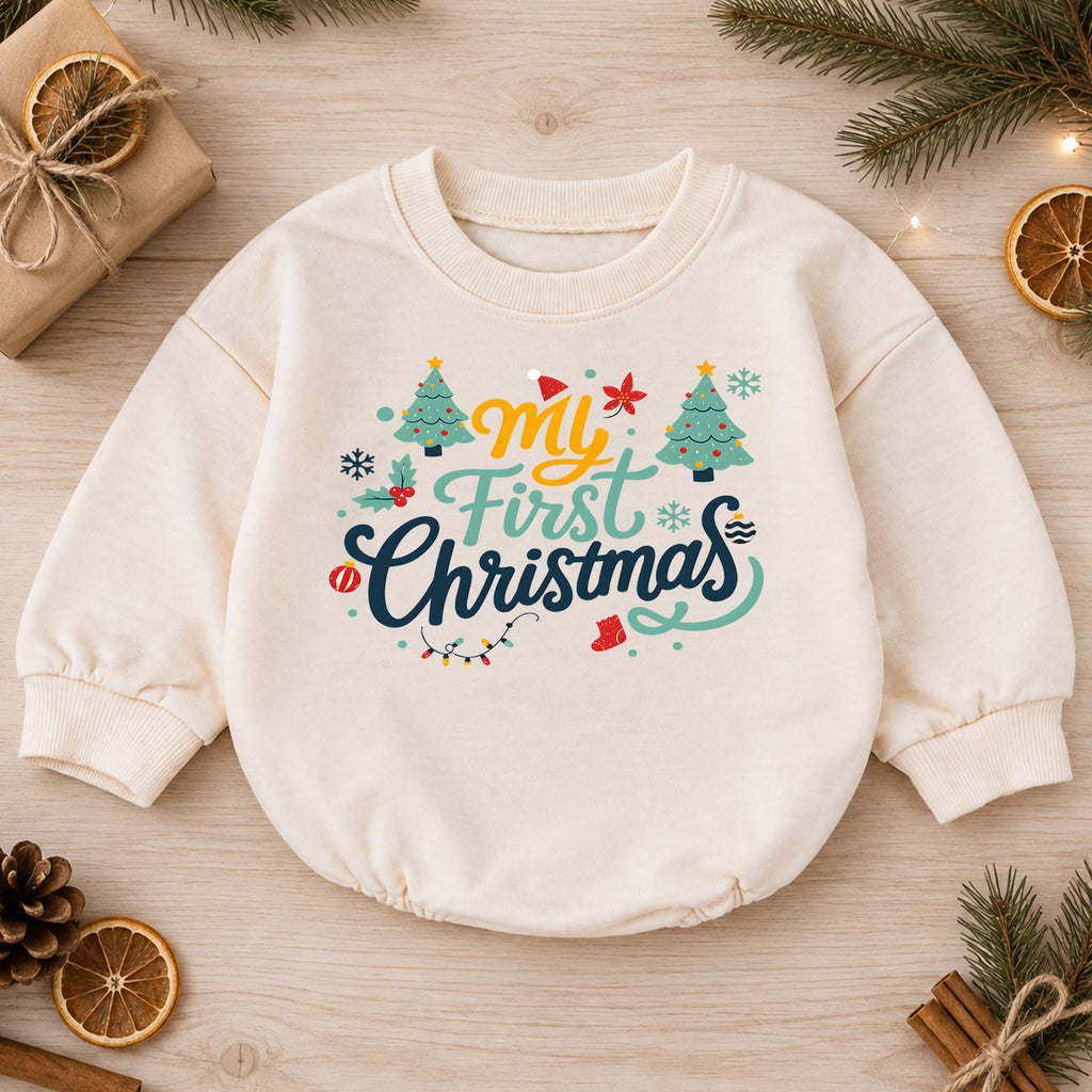 My First Christmas Baby Romper, Retro Holiday Typography Outfit, Cute Christmas Romper, Toddler Baby 1st Christmas Gift — product view 1