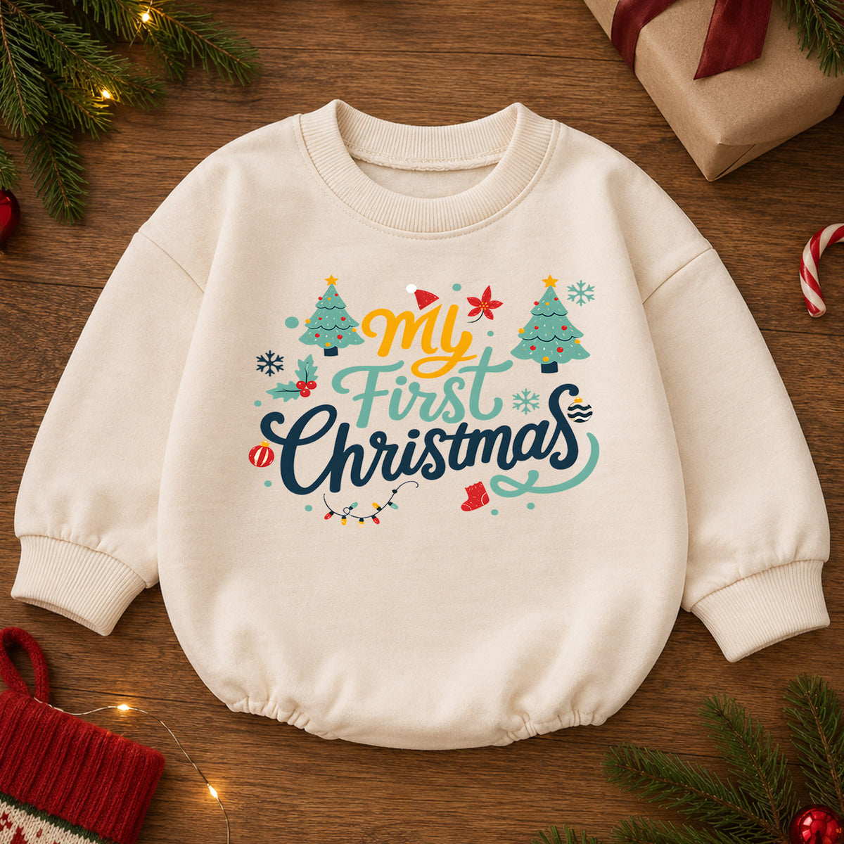 My First Christmas Baby Romper, Retro Holiday Typography Outfit, Cute Christmas Romper, Toddler Baby 1st Christmas Gift — product view 2