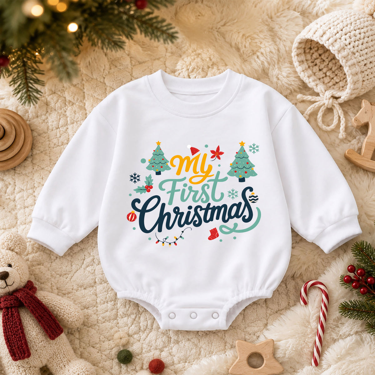 My First Christmas Baby Romper, Retro Holiday Typography Outfit, Cute Christmas Romper, Toddler Baby 1st Christmas Gift — product view 3