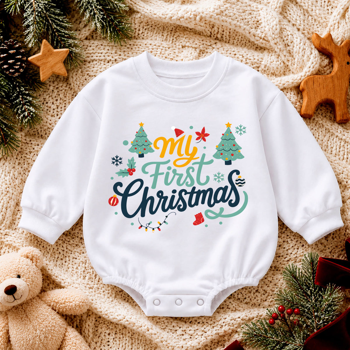 My First Christmas Baby Romper, Retro Holiday Typography Outfit, Cute Christmas Romper, Toddler Baby 1st Christmas Gift — product view 4
