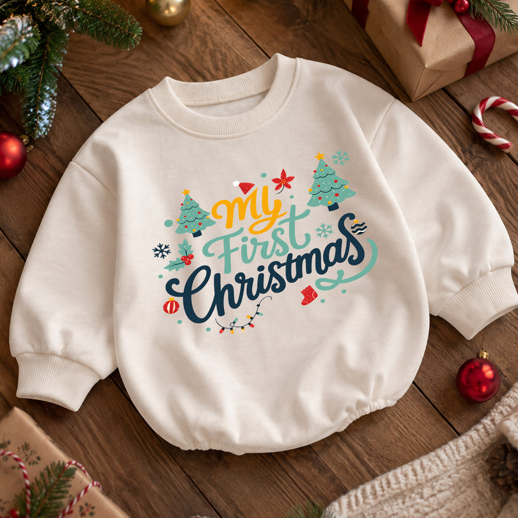 My First Christmas Baby Romper, Retro Holiday Typography Outfit, Cute Christmas Romper, Toddler Baby 1st Christmas Gift — product view 5