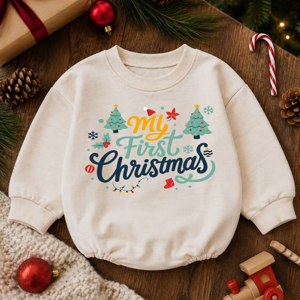 My First Christmas Baby Romper, Retro Holiday Typography Outfit, Cute Christmas Romper, Toddler Baby 1st Christmas Gift — product view 6