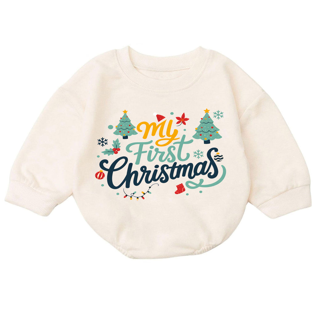 My First Christmas Baby Romper, Retro Holiday Typography Outfit, Cute Christmas Romper, Toddler Baby 1st Christmas Gift — product view 7