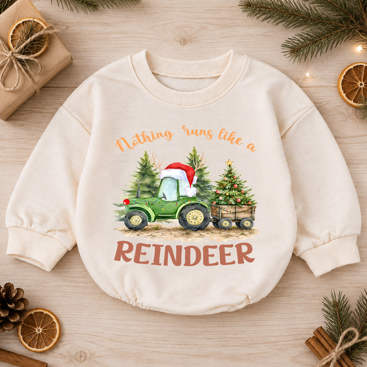 Reindeer Tractor Christmas Romper, Baby Farm Christmas Romper, Christmas Tractor Toddler Romper, Country Holiday Outfit — product view 1
