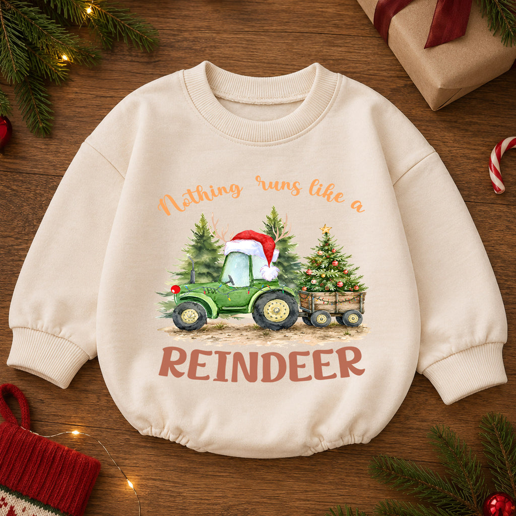 Reindeer Tractor Christmas Romper, Baby Farm Christmas Romper, Christmas Tractor Toddler Romper, Country Holiday Outfit — product view 2