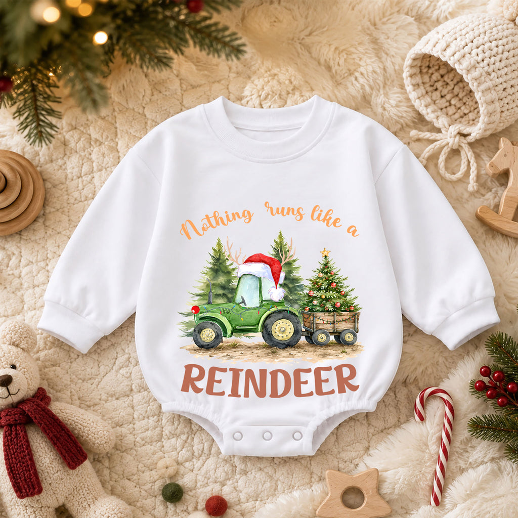 Reindeer Tractor Christmas Romper, Baby Farm Christmas Romper, Christmas Tractor Toddler Romper, Country Holiday Outfit — product view 3