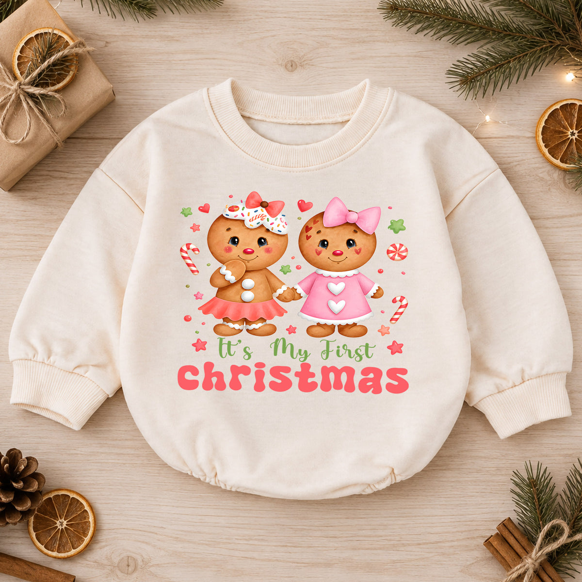 Gingerbread My First Christmas Baby Romper, Pink Christmas Girl Outfit, Baby First Xmas Keepsake, Holiday Photo Gift — product view 1
