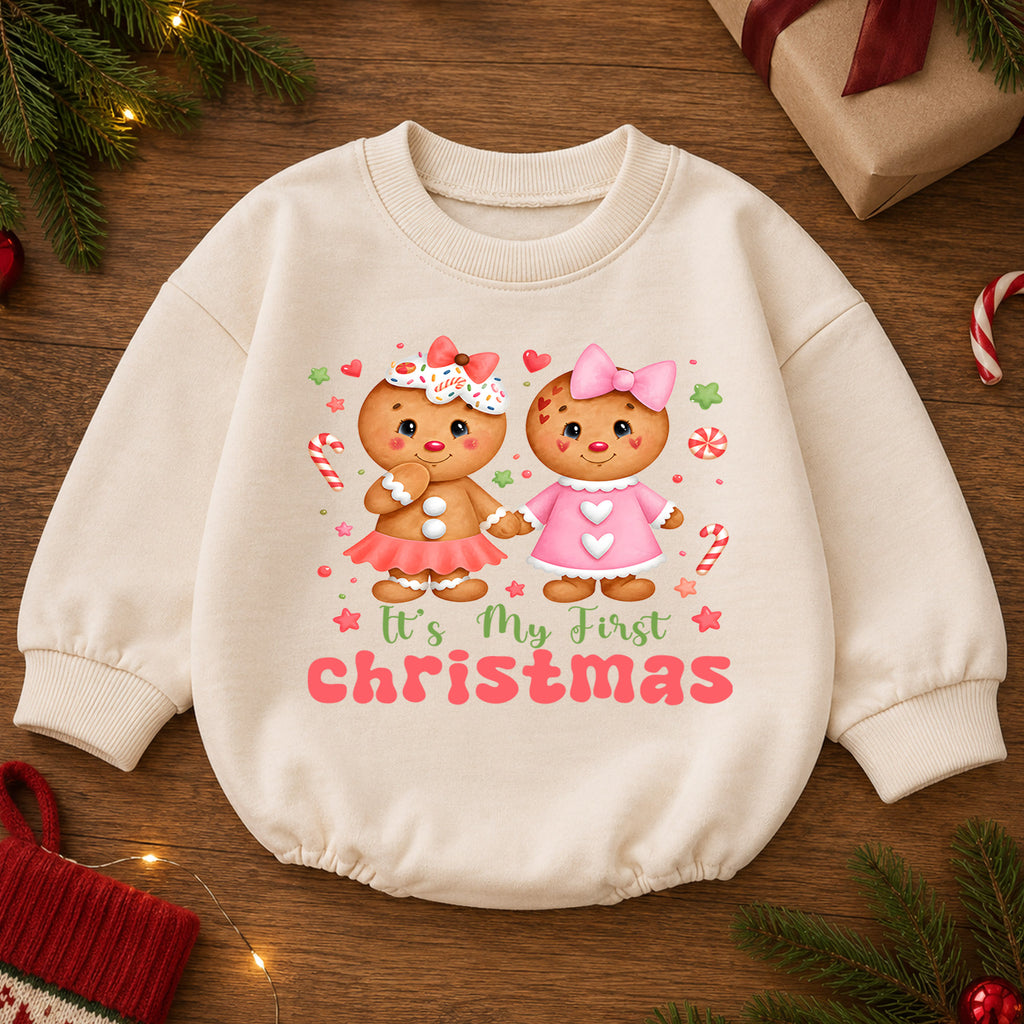 Gingerbread My First Christmas Baby Romper, Pink Christmas Girl Outfit, Baby First Xmas Keepsake, Holiday Photo Gift — product view 2