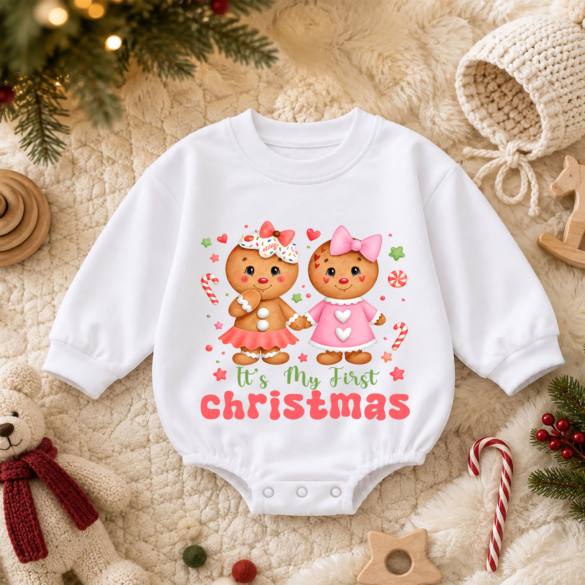 Gingerbread My First Christmas Baby Romper, Pink Christmas Girl Outfit, Baby First Xmas Keepsake, Holiday Photo Gift — product view 3