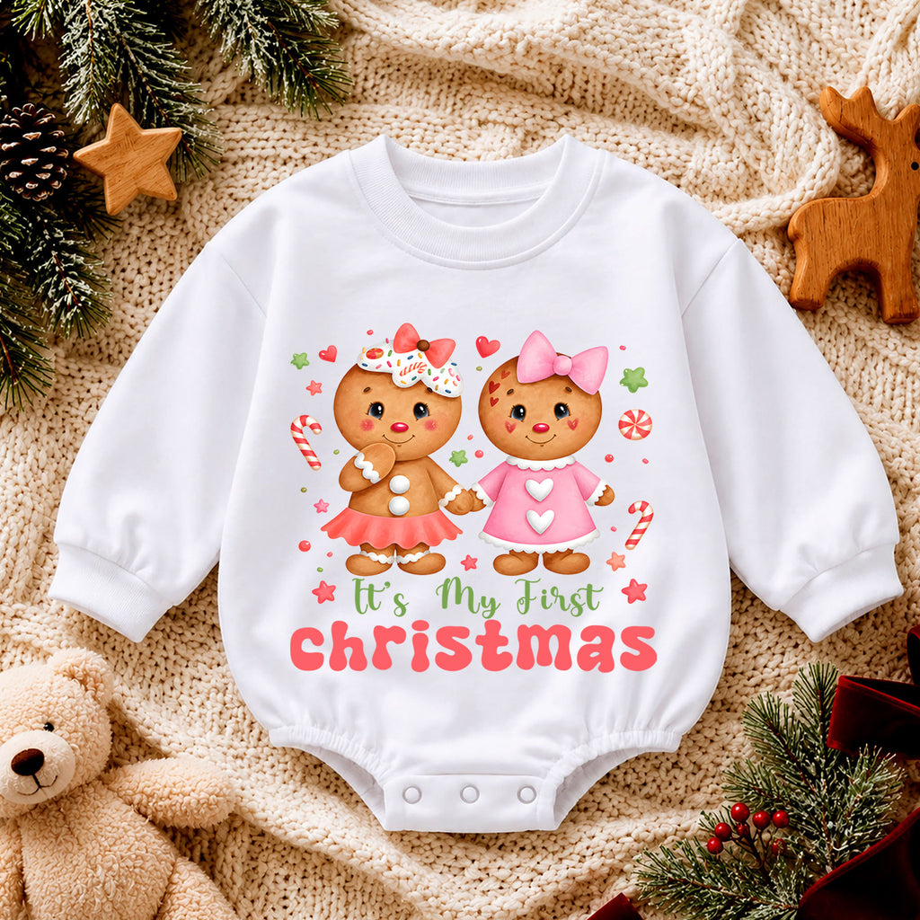 Gingerbread My First Christmas Baby Romper, Pink Christmas Girl Outfit, Baby First Xmas Keepsake, Holiday Photo Gift — product view 4