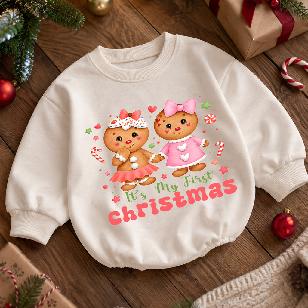 Gingerbread My First Christmas Baby Romper, Pink Christmas Girl Outfit, Baby First Xmas Keepsake, Holiday Photo Gift — product view 5
