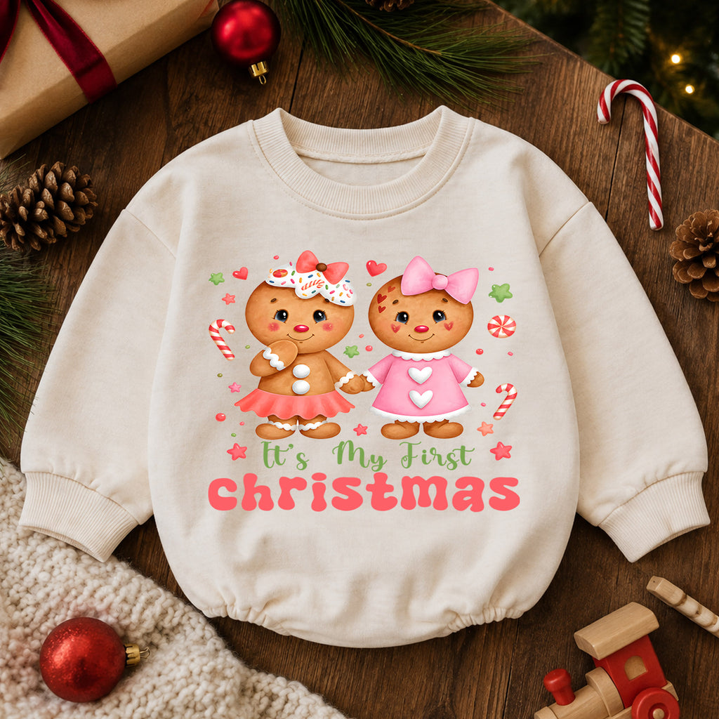Gingerbread My First Christmas Baby Romper, Pink Christmas Girl Outfit, Baby First Xmas Keepsake, Holiday Photo Gift — product view 6