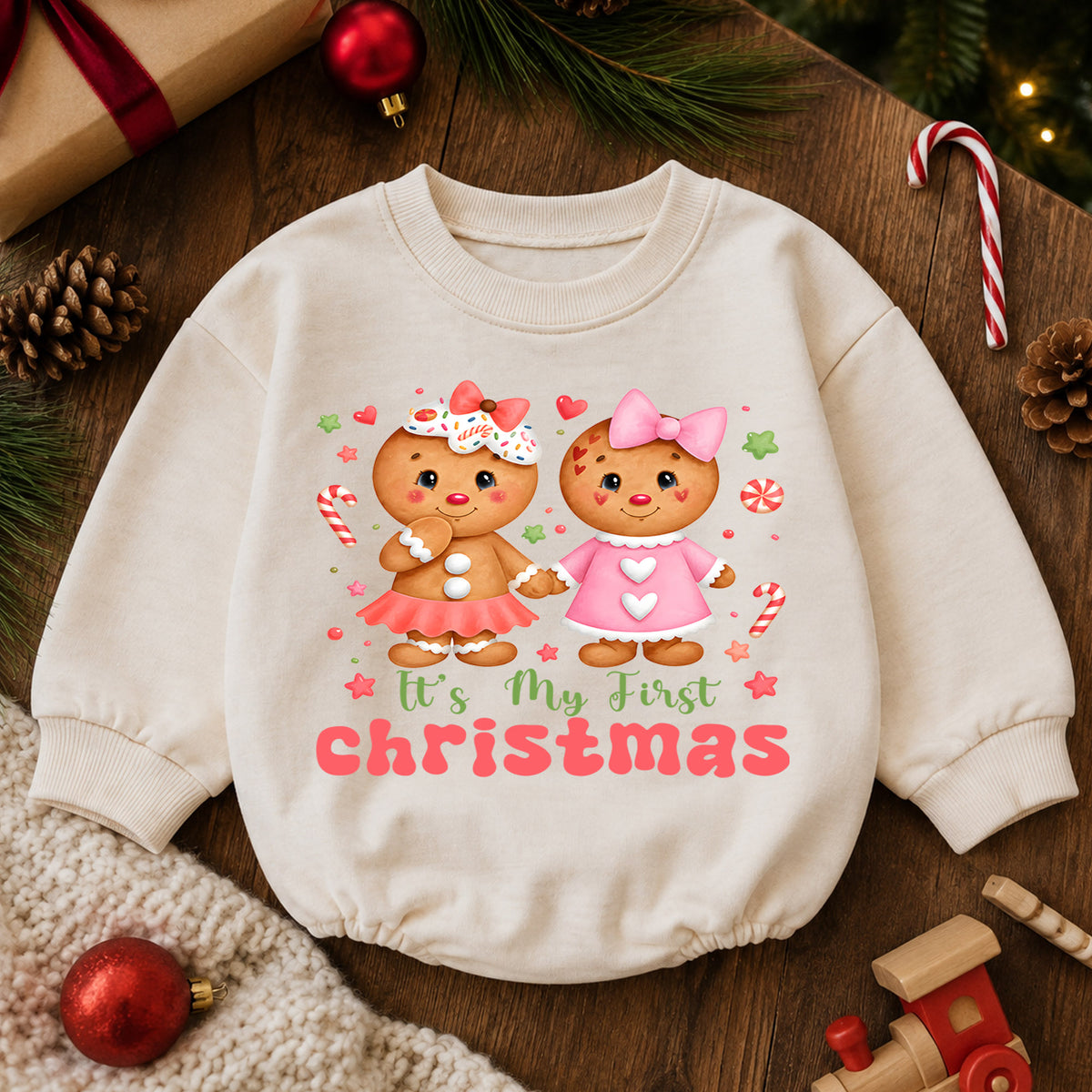 Gingerbread My First Christmas Baby Romper, Pink Christmas Girl Outfit, Baby First Xmas Keepsake, Holiday Photo Gift — product view 6