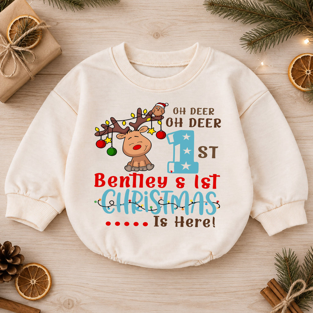 First Christmas Baby Romper, Reindeer Holiday Outfit, Baby 1st Christmas & 1st Birthday Romper, Xmas Gift — product view 1