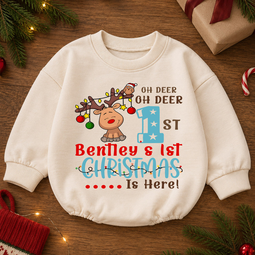 First Christmas Baby Romper, Reindeer Holiday Outfit, Baby 1st Christmas & 1st Birthday Romper, Xmas Gift — product view 2