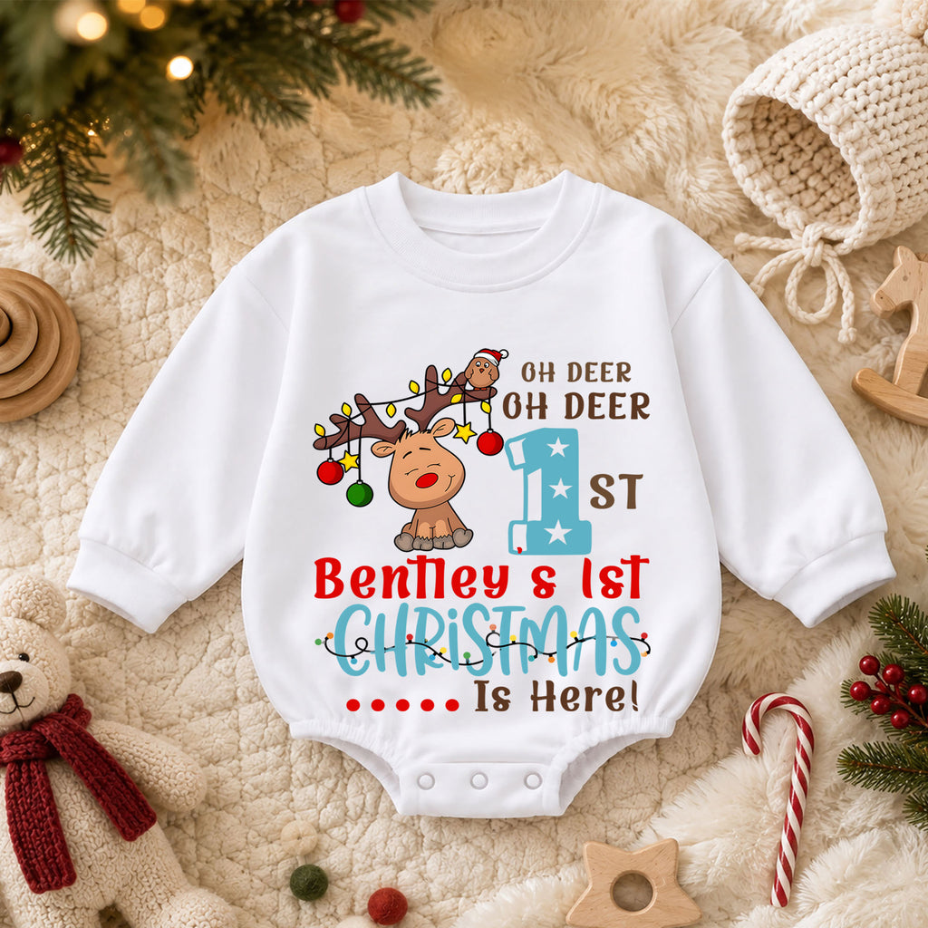 First Christmas Baby Romper, Reindeer Holiday Outfit, Baby 1st Christmas & 1st Birthday Romper, Xmas Gift — product view 3