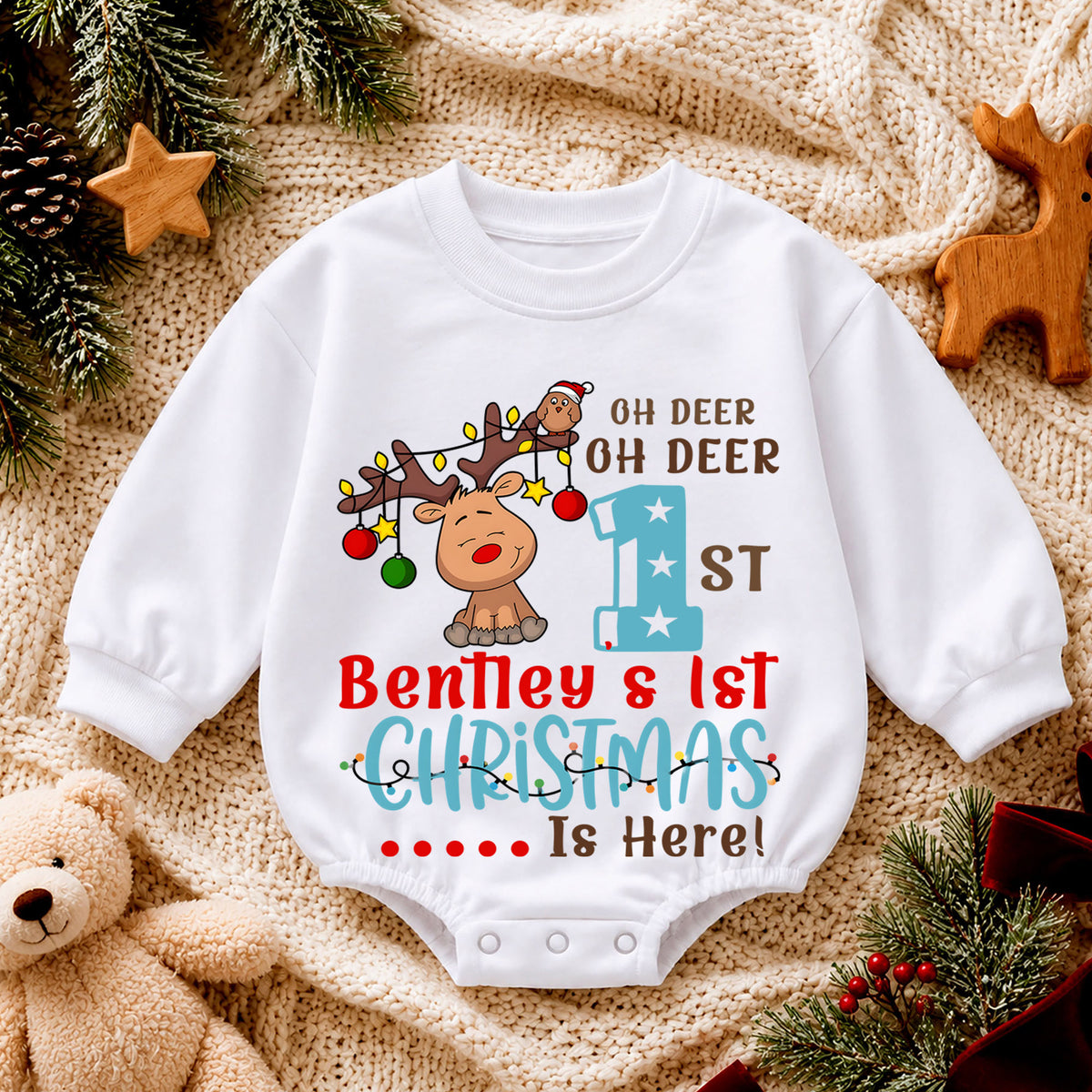 First Christmas Baby Romper, Reindeer Holiday Outfit, Baby 1st Christmas & 1st Birthday Romper, Xmas Gift — product view 4