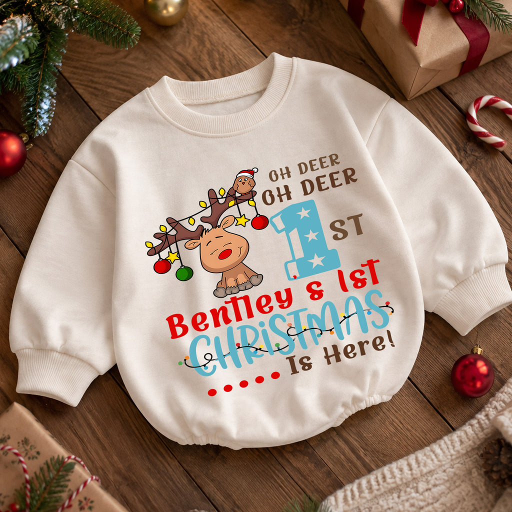 First Christmas Baby Romper, Reindeer Holiday Outfit, Baby 1st Christmas & 1st Birthday Romper, Xmas Gift — product view 5