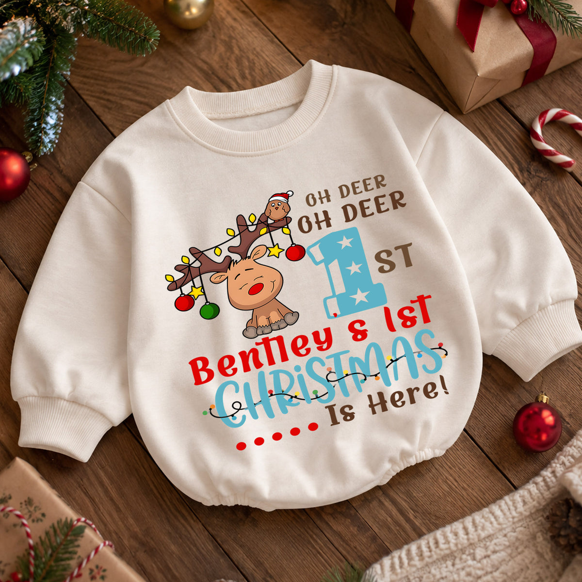 First Christmas Baby Romper, Reindeer Holiday Outfit, Baby 1st Christmas & 1st Birthday Romper, Xmas Gift — product view 5
