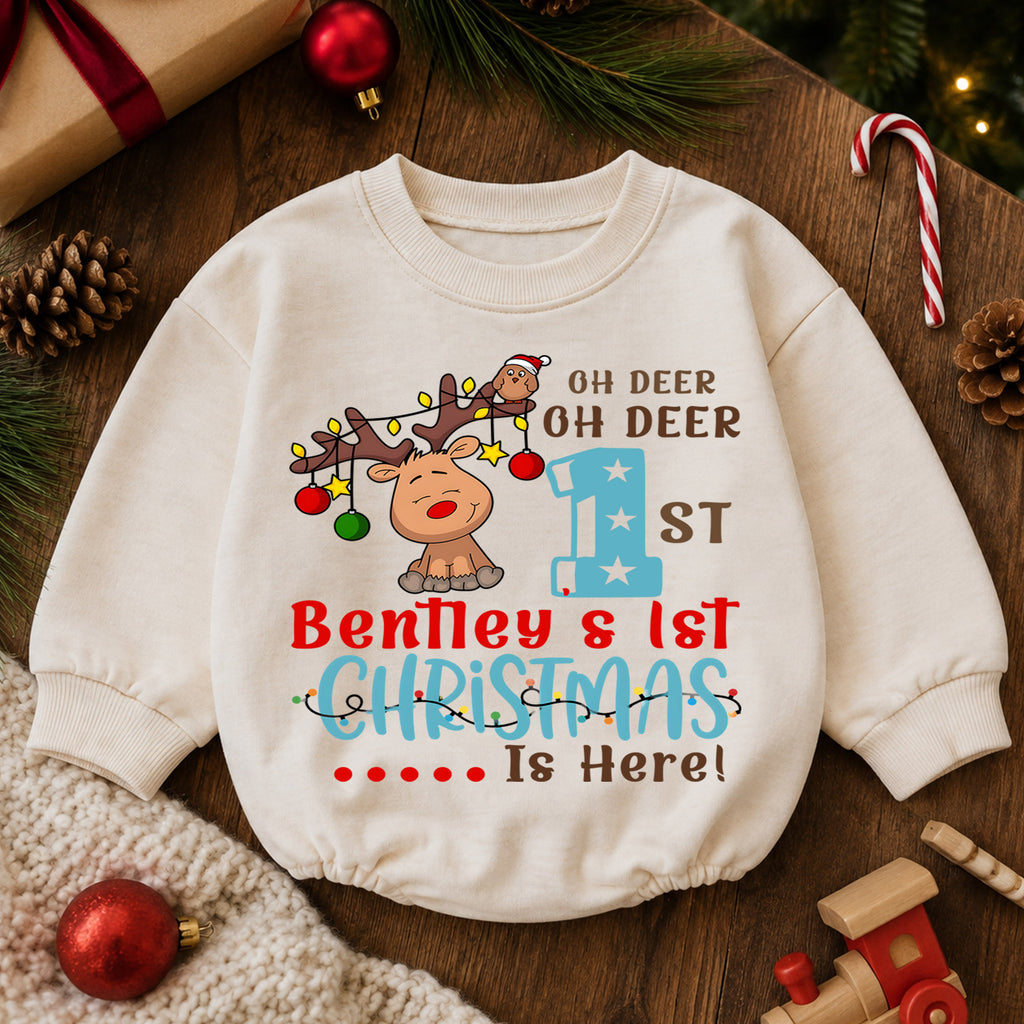 First Christmas Baby Romper, Reindeer Holiday Outfit, Baby 1st Christmas & 1st Birthday Romper, Xmas Gift — product view 6