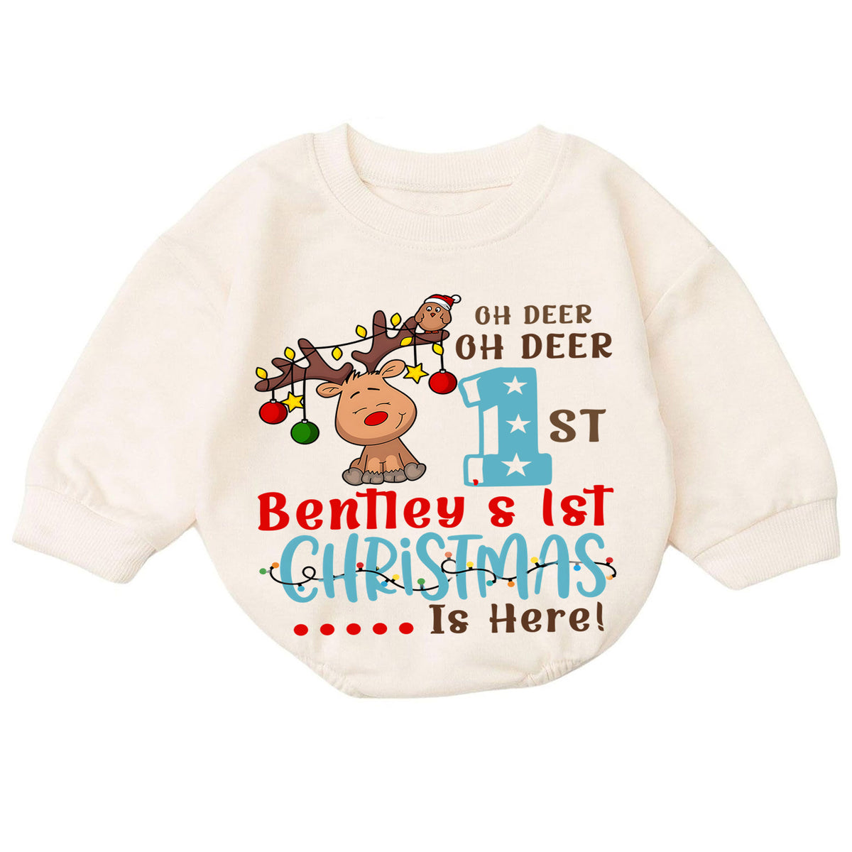 First Christmas Baby Romper, Reindeer Holiday Outfit, Baby 1st Christmas & 1st Birthday Romper, Xmas Gift — product view 7